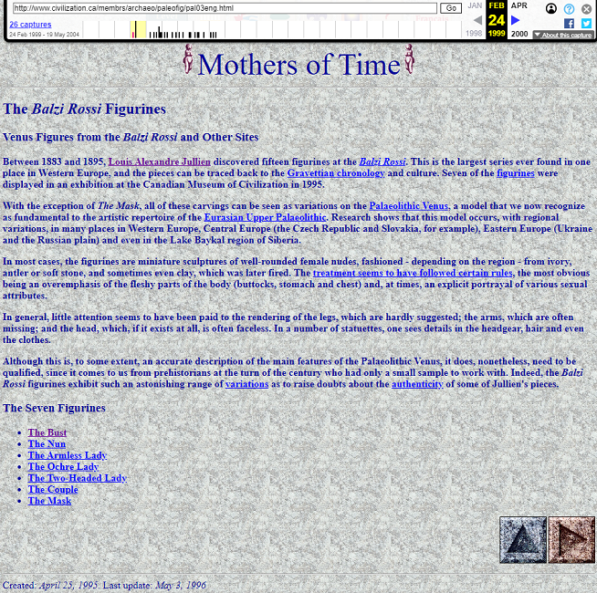 Snapshot of the Page with The Balzi Rossi Figurines from Mothers of Time Exhibition on 24 February 1999