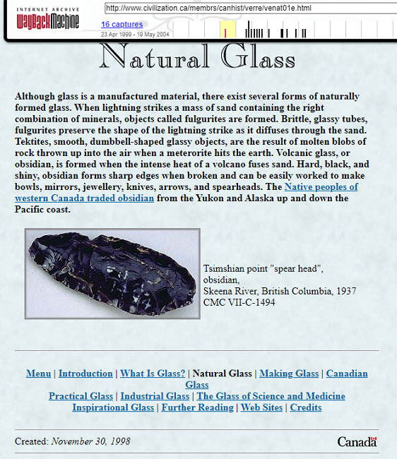 Snapshot of the Object Page from the Natural Glass Exhibition on 23 April 1999