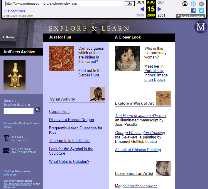 Snapshot of the Explore & Learn Section on 15 August 2000